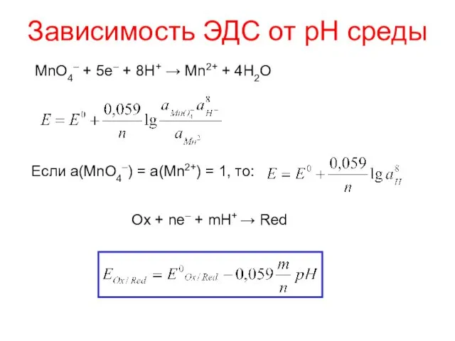 Зависимость ЭДС от рН среды MnO4– + 5e– + 8H+