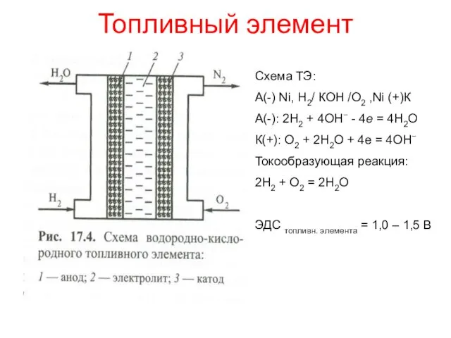 Топливный элемент Схема ТЭ: А(-) Ni, Н2/ КОН /О2 ,Ni