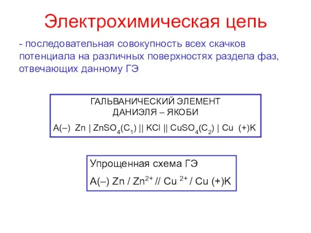 Электрохимическая цепь ГАЛЬВАНИЧЕСКИЙ ЭЛЕМЕНТ ДАНИЭЛЯ – ЯКОБИ A(–) Zn |