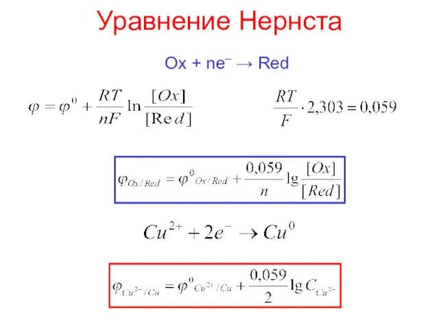 Уравнение Нернста Ox + ne– → Red