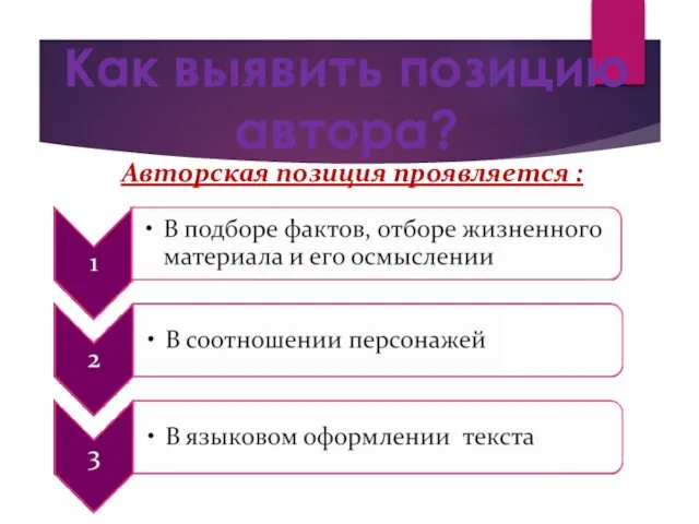 Как выявить позицию автора? Авторская позиция проявляется :