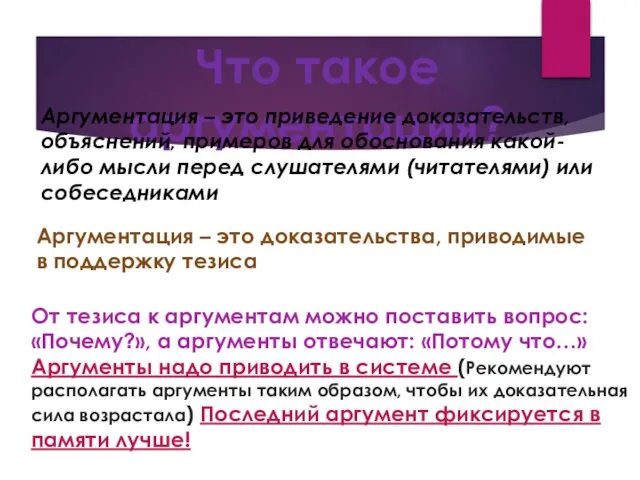 Что такое аргументация? Аргументация – это приведение доказательств, объяснений, примеров