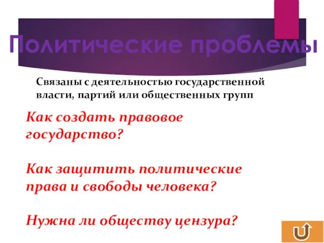 Политические проблемы Связаны с деятельностью государственной власти, партий или общественных