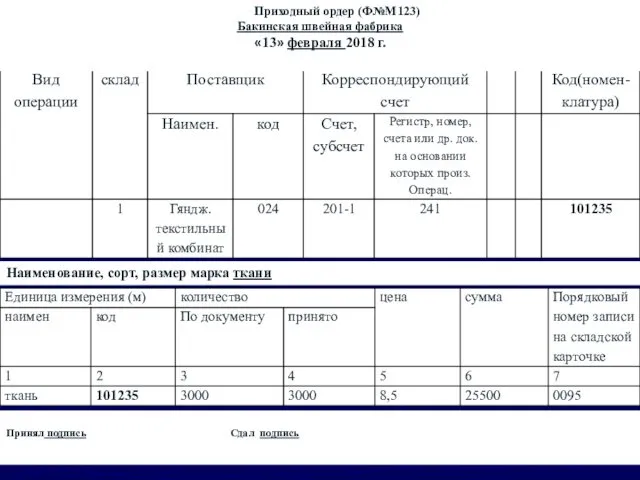 1102 Приходный ордер (Ф№М123) Бакинская швейная фабрика «13» февраля 2018