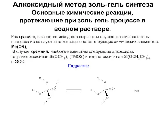 Алкоксидный метод золь-гель синтеза Основные химические реакции, протекающие при золь-гель