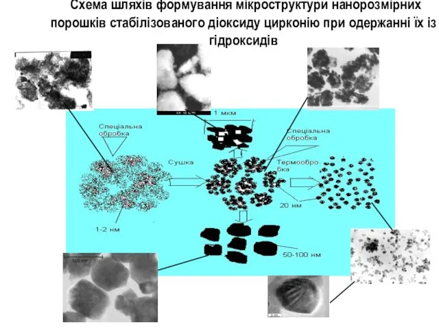 Схема шляхів формування мікроструктури нанорозмірних порошків стабілізованого діоксиду цирконію при одержанні їх із гідроксидів