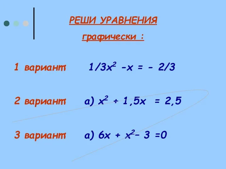 РЕШИ УРАВНЕНИЯ графически : 1 вариант: 1/3х2 -х = -