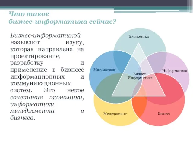 Что такое бизнес-информатика сейчас? Бизнес-информатикой называют науку, которая направлена на проектирование, разработку и