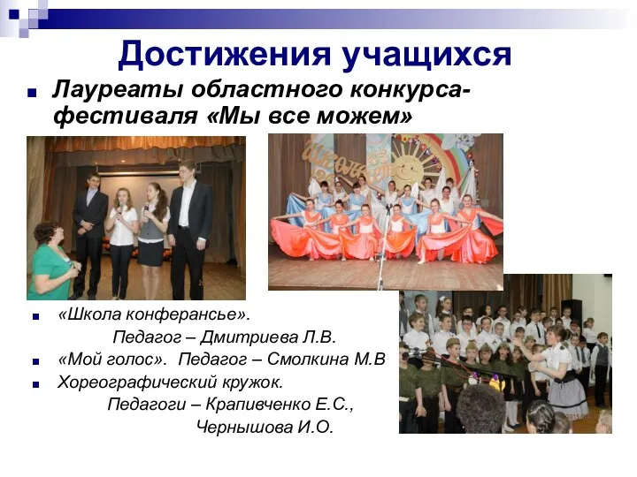 Достижения учащихся Лауреаты областного конкурса-фестиваля «Мы все можем» «Школа конферансье».