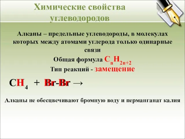 Химические свойства углеводородов Алканы – предельные углеводороды, в молекулах которых