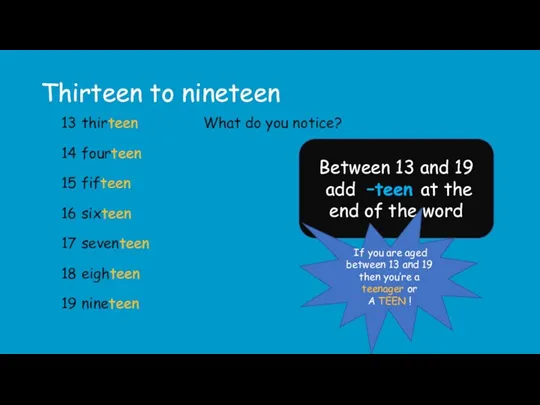 Thirteen to nineteen 13 thirteen What do you notice? 14