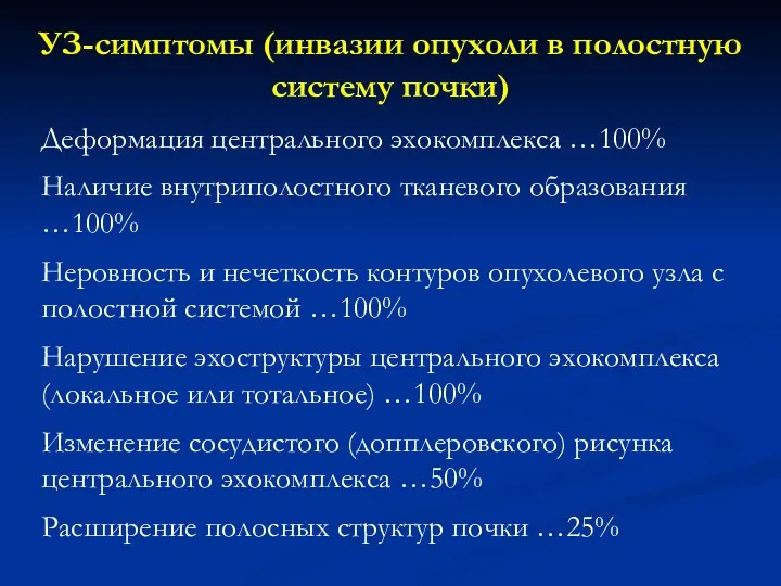 УЗ-симптомы (инвазии опухоли в полостную систему почки) Деформация центрального эхокомплекса