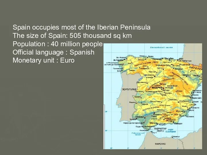 Spain occupies most of the Iberian Peninsula The size of
