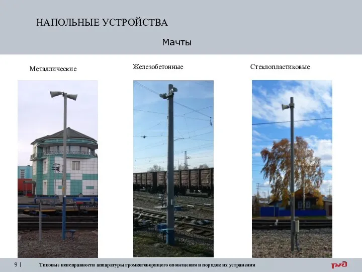 Металлические Железобетонные Стеклопластиковые Мачты НАПОЛЬНЫЕ УСТРОЙСТВА Типовые неисправности аппаратуры громкоговорящего оповещения и порядок их устранения