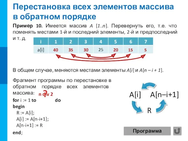 Перестановка всех элементов массива в обратном порядке Пример 10. Имеется