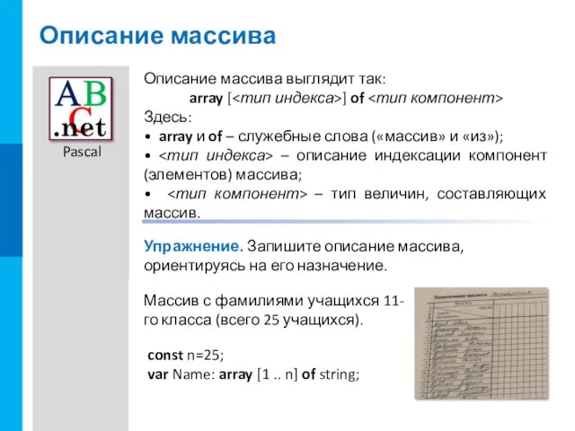 Описание массива Описание массива выглядит так: array [ ] of