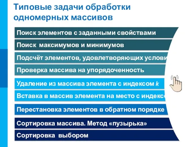 Типовые задачи обработки одномерных массивов Поиск элементов с заданными свойствами