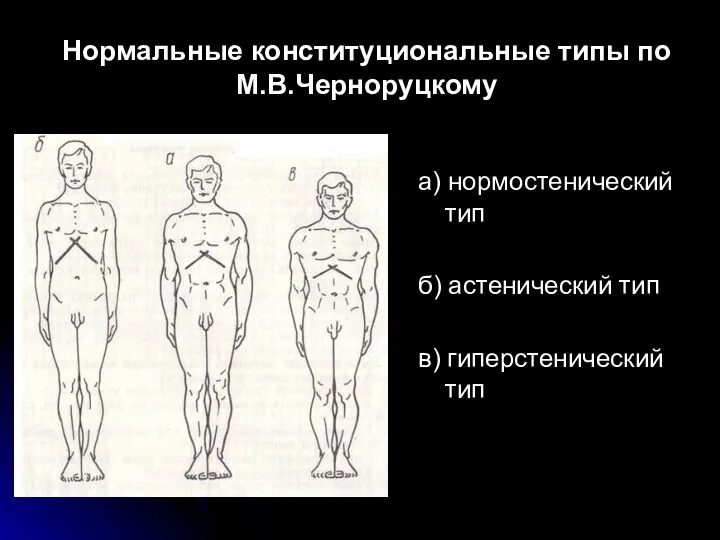 Нормальные конституциональные типы по М.В.Черноруцкому а) нормостенический тип б) астенический тип в) гиперстенический тип