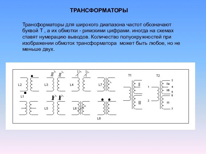 Трансформаторы для широкого диапазона частот обозначают буквой Т , а