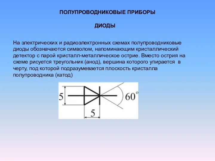 На электрических и радиоэлектронных схемах полупроводниковые диоды обозначаются символом, напоминающим кристаллический детектор с