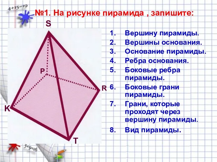 №1. На рисунке пирамида , запишите: Вершину пирамиды. Вершины основания.