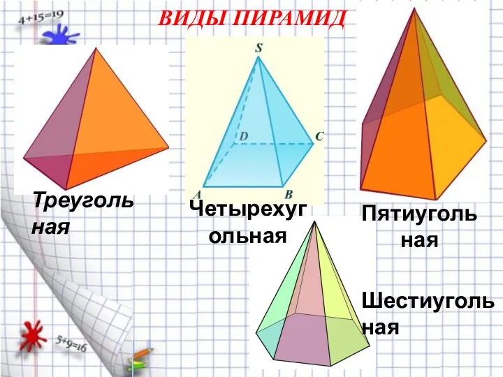 ВИДЫ ПИРАМИД Пятиугольная Треугольная Шестиугольная Четырехугольная