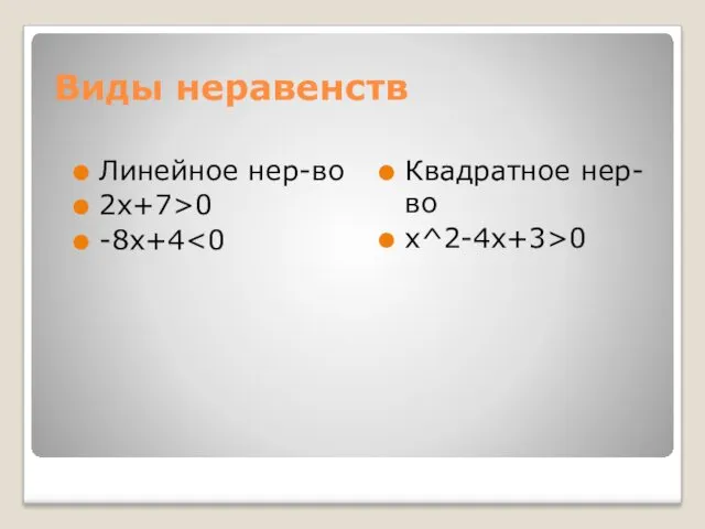 Виды неравенств Линейное нер-во 2х+7>0 -8х+4 Квадратное нер-во х^2-4х+3>0