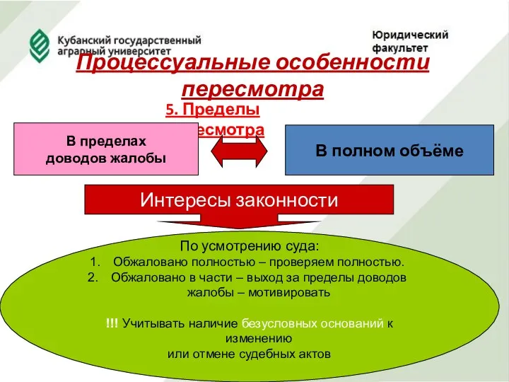 Процессуальные особенности пересмотра 5. Пределы пересмотра В пределах доводов жалобы