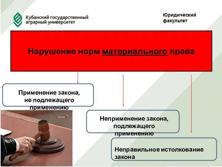 Нарушение норм материального права Применение закона, не подлежащего применению Неприменение закона, подлежащего применению Неправильное истолкование закона