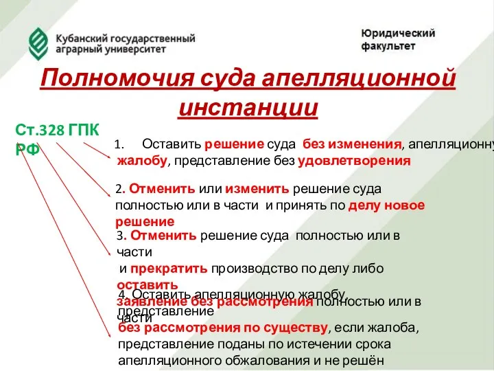 Полномочия суда апелляционной инстанции Ст.328 ГПК РФ Оставить решение суда