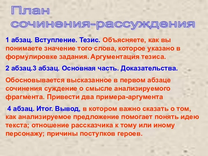 План сочинения-рассуждения 1 абзац. Вступление. Тезис. Объясняете, как вы понимаете