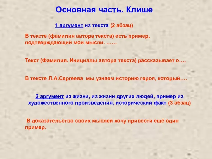 Основная часть. Клише В тексте (фамилия автора текста) есть пример,