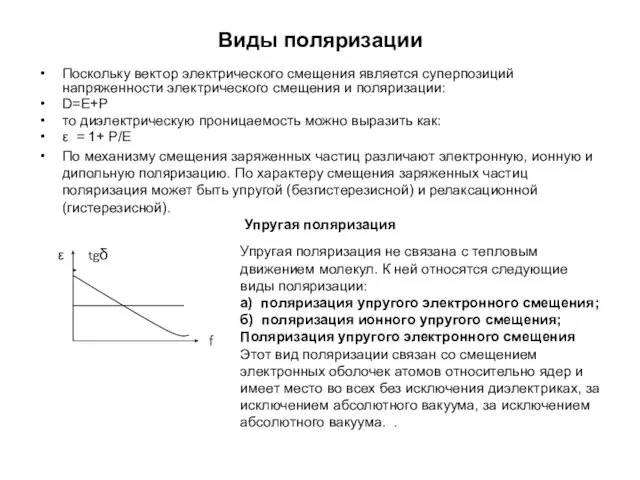 Виды поляризации Поскольку вектор электрического смещения является суперпозиций напряженности электрического