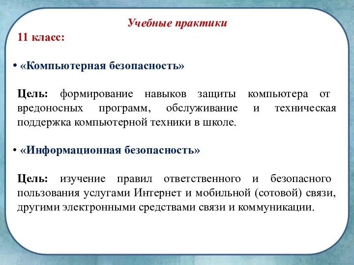 Учебные практики 11 класс: «Компьютерная безопасность» Цель: формирование навыков защиты