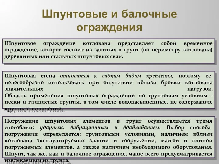 Шпунтовые и балочные ограждения Шпунтовое ограждение котлована представляет собой временное