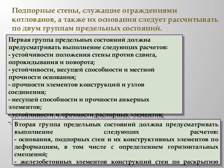 Подпорные стены, служащие ограждениями котлованов, а также их основания следует