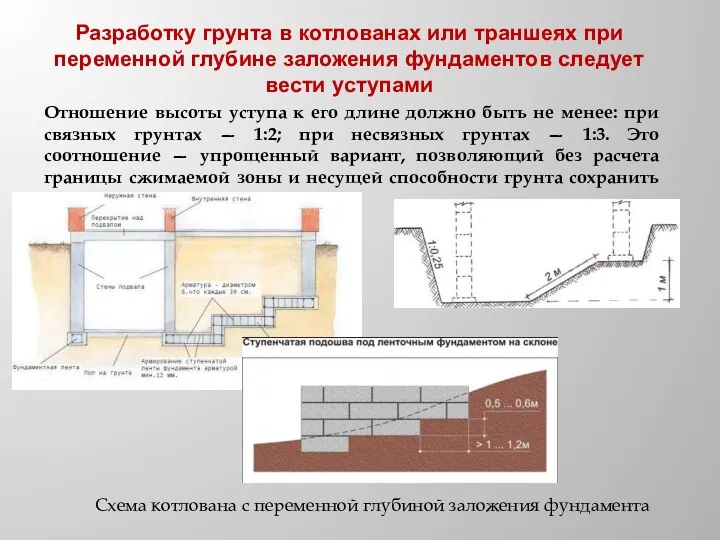 Разработку грунта в котлованах или траншеях при переменной глубине заложения