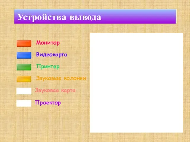 Монитор Принтер Устройства вывода Звуковая карта Видеокарта Звуковые колонки Проектор