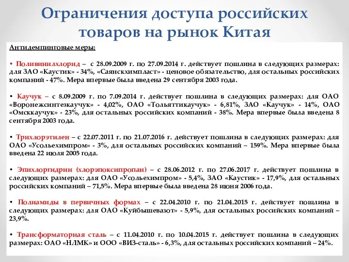 Ограничения доступа российских товаров на рынок Китая