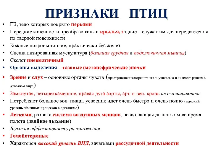 ПРИЗНАКИ ПТИЦ ПЗ, тело которых покрыто перьями Передние конечности преобразованы