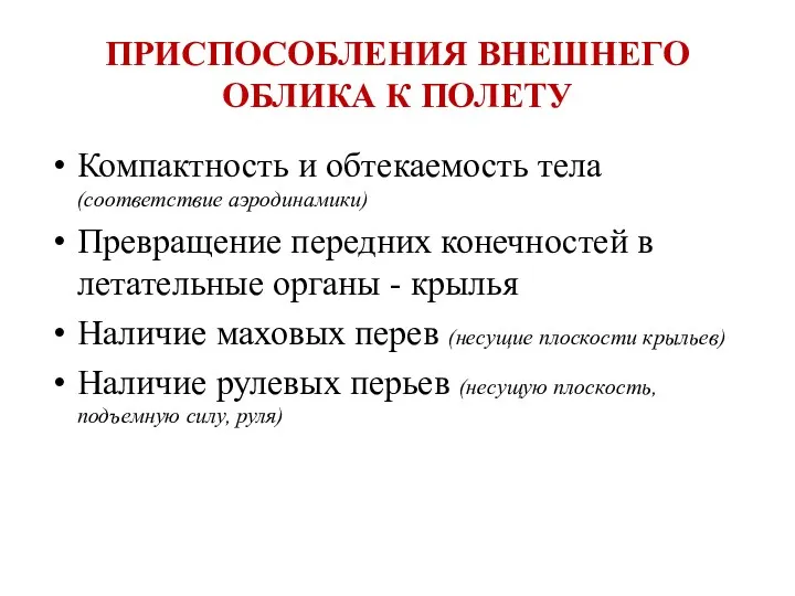 ПРИСПОСОБЛЕНИЯ ВНЕШНЕГО ОБЛИКА К ПОЛЕТУ Компактность и обтекаемость тела (соответствие