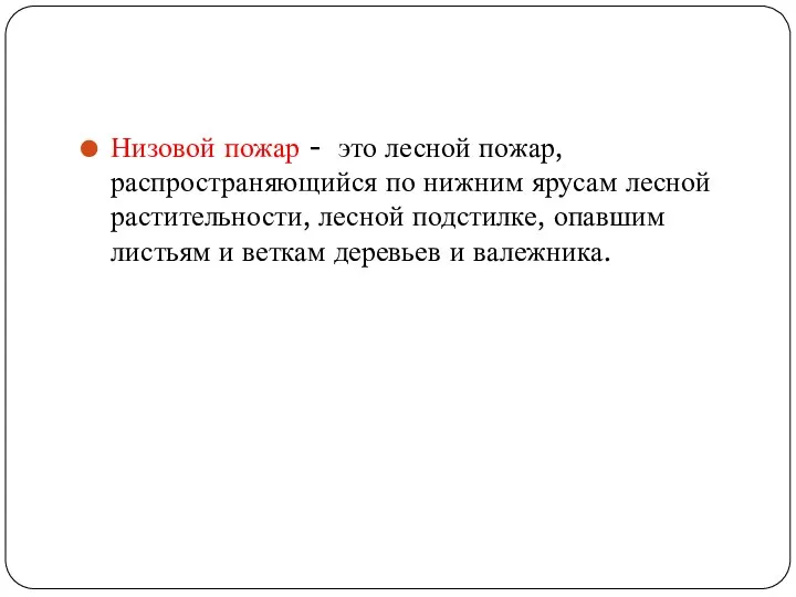 Низовой пожар - это лесной пожар, распространяющийся по нижним ярусам