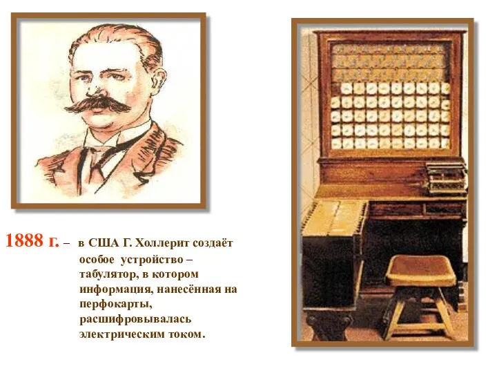 1888 г. – в США Г. Холлерит создаёт особое устройство