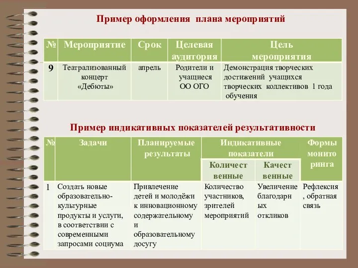 Пример оформления плана мероприятий Пример индикативных показателей результативности