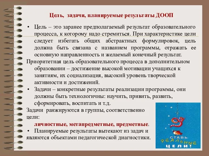 Цель, задачи, планируемые результаты ДООП Цель – это заранее предполагаемый