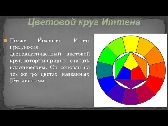 Позже Йохансен Иттен предложил двенадцатичастный цветовой круг, который принято считать