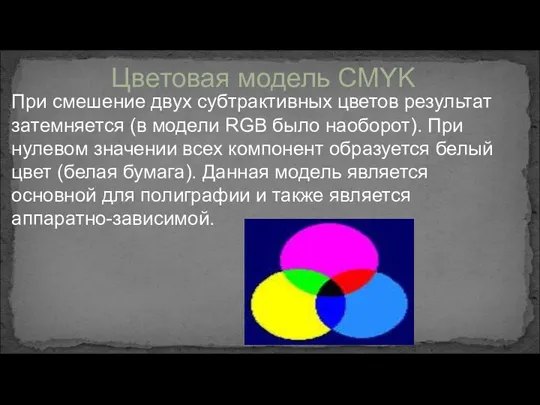 Цветовая модель CMYK При смешение двух субтрактивных цветов результат затемняется