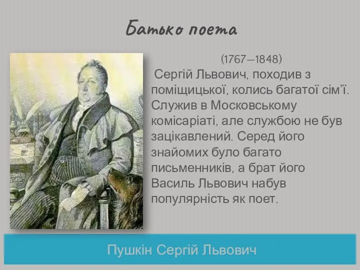 Батько поета Пушкін Сергій Львович (1767—1848) Сергій Львович, походив з