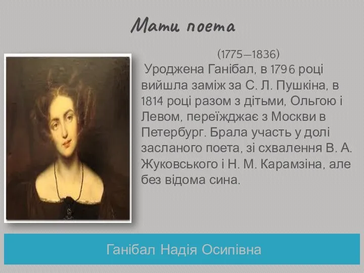 Мати поета Ганібал Надія Осипівна (1775—1836) Уроджена Ганібал, в 1796