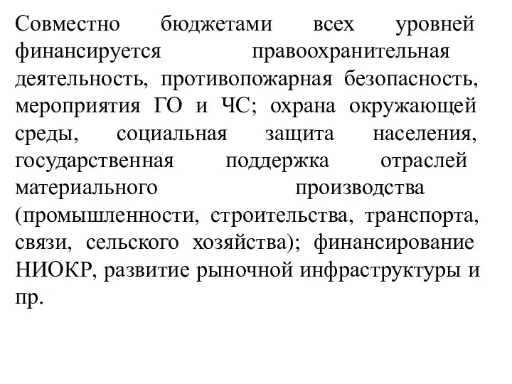 Совместно бюджетами всех уровней финансируется правоохранительная деятельность, противопожарная безопасность, мероприятия